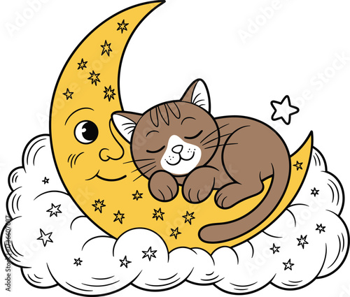 Cute Cartoon Cat Sleeping Peacefully on a Crescent Moon and Clouds, Sweet Dreams Vector Illustration with Stars for Nursery and Bedtime