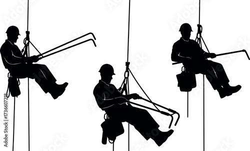 Industrial rope access workers suspended on vertical lines performing high-rise maintenance with tools, harnesses, helmets, and safety equipment silhouette vector