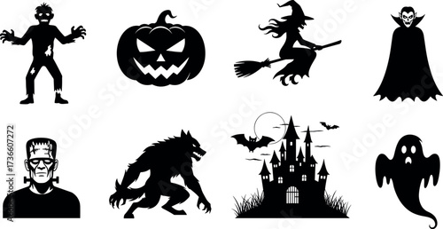 Halloween silhouettes of zombie, witch, vampire, ghost, werewolf, haunted castle, jack-o'-lantern, and Frankenstein monster in spooky vector style