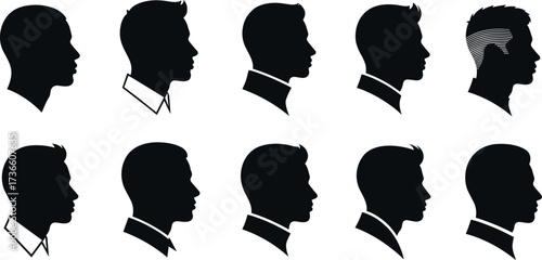 Male profile silhouette set with diverse hairstyles and collars, black vector heads for fashion, design, character modeling, and branding use.