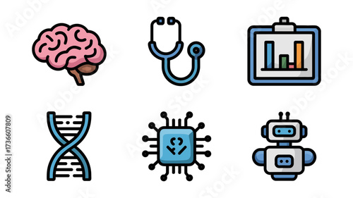 Vector art of medical technology icons representing healthcare innovation brain, stethoscope, report, dna, chip, and robot icons