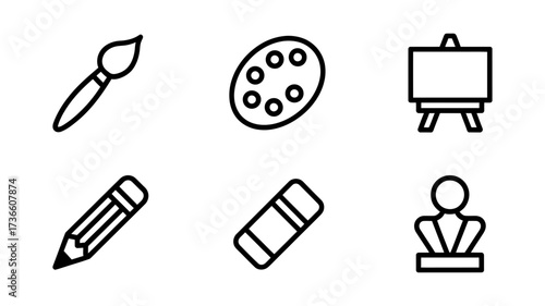 Vector art of art and craft tools icons paintbrush, palette, easel, pencil, eraser, and sculpture in a minimalist style