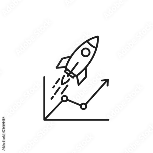 A line icon of a rocket launching from a rising graph, symbolizing business growth, startup success, and rapid progress.