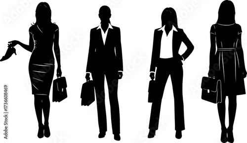 Professional Women Silhouettes in Business Attire Holding Bags and Briefcases Isolated on White Background for Career and Fashion Concepts