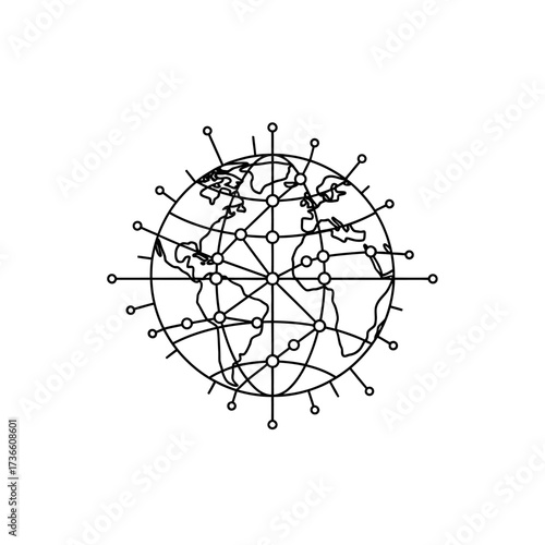 Stylized illustration of a connected globe with radiating lines and nodal points, symbolizing global networks and communication.
