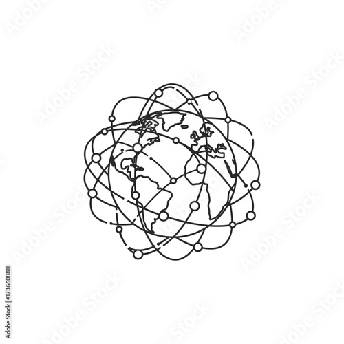 A line art icon of planet Earth surrounded by a global network of interconnected nodes and orbits.