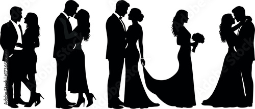 Romantic couple silhouette in formal attire, wedding embrace, love pose, elegant dress, bouquet, kiss scene, relationship vector illustration