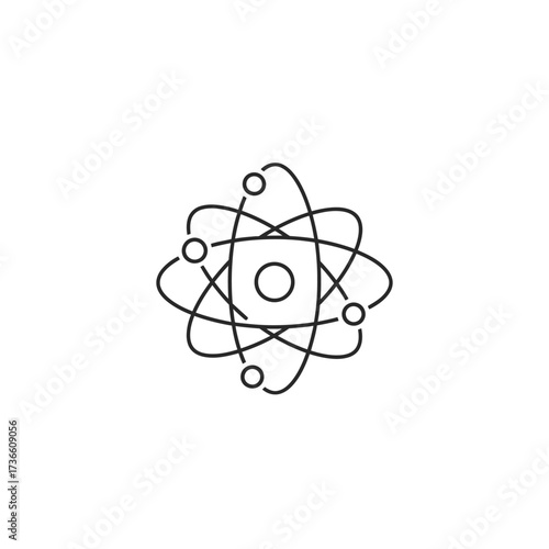 A stylized, minimalist line drawing of an atom with a central nucleus and orbiting electrons, representing scientific concepts and fundamental particles.