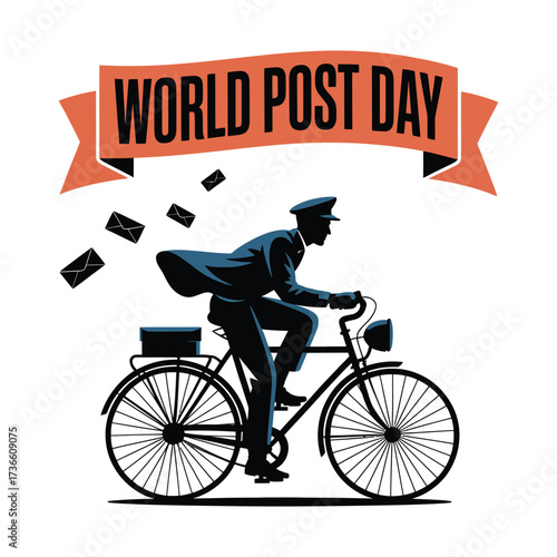 Vintage World Post Day Illustration Featuring a Mailman on Bicycle Delivering Letters