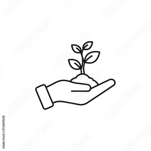 A stylized line drawing depicts a human hand gently holding a small plant seedling emerging from soil, symbolizing growth and care.