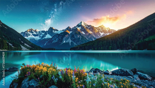 Turquoise Waters Reflecting Majestic Mountains and Vibrant Flora at Sunset