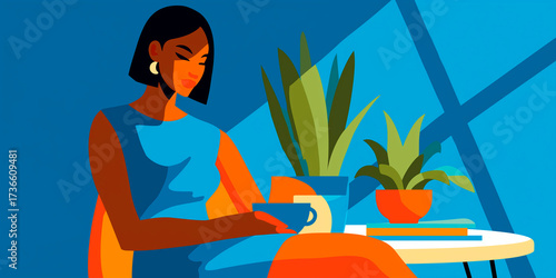 Stylized african woman drinking coffee at table with houseplants