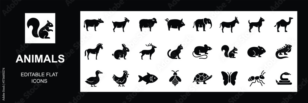 Fototapeta premium Animals flat Icons set, animals related outline icons Set. Vector illustration