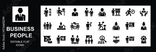 Business people flat icon set. Businessman, Teamwork, human resources, meeting, partnership, meeting, work group, success, Vector illustration.	