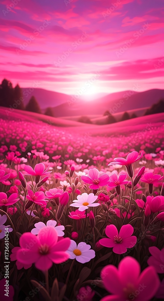 Fototapeta premium Vibrant pink flower field at sunset with rolling hills and dramatic sky