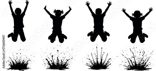 Silhouette children jumping in puddles with water splashes, playful outdoor activity, rainy day fun, energetic motion, joyful childhood moment