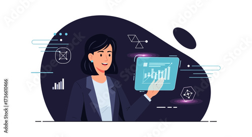 Businesswoman Analyzing Data On A Futuristic Tablet With Graphical Interface Design