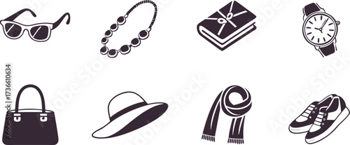Fashion accessories icon set vector illustration, including hats, sunglasses, handbags, high heels, shorts, jewelry, stylish trendy fashion design elements collection