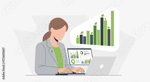 Businesswoman analyzing green growth charts on laptops for environmental sustainability reports