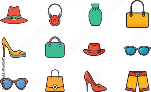 Fashion accessories icon set vector illustration, including hats, sunglasses, handbags, high heels, shorts, jewelry, stylish trendy fashion design elements collection
