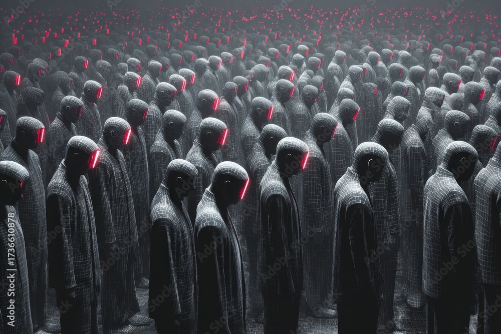 Obraz premium Men standing in a vast crowd wearing barcodes and glowing elements in a dark space