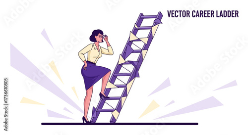 Businesswoman Ascending Career Ladder Visualizing Success, Determination, Future Endeavors, Goals