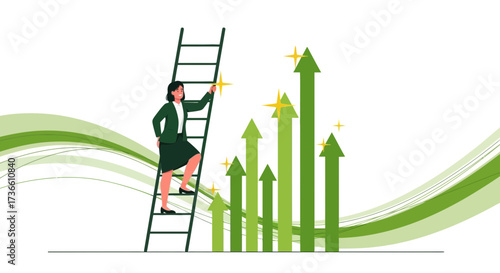 Businesswoman Ascending Ladder, Achieving Goals, Positive Growth, and Financial Success Illustration