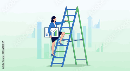 Businesswoman Ascending Ladder with Graph Illustrating Aspirational Growth and Progression