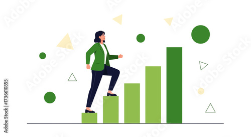 Businesswoman Ascending Progress Bar Illustrating Growth and Success in Corporate World