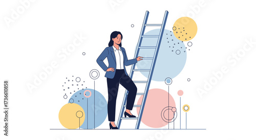 Businesswoman Ascending Ladder, Concept of Success, Ambition, And Career Growth Visual