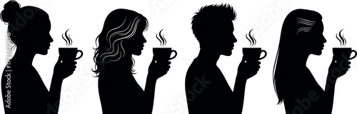 Silhouette group drinking coffee together, relaxing with hot beverages, morning routine, social lifestyle, steam rising, cozy moment, diverse people