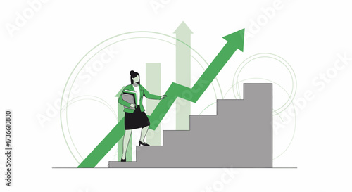 Businesswoman Ascending Staircase Towards Growth with Green Arrow Representation