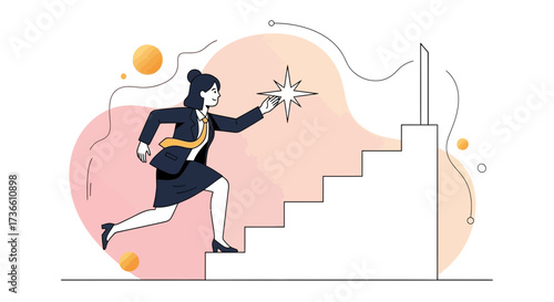 Businesswoman Ascending Stairs To Achieve Success And Reach The Brightest Star Goal