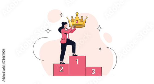 Businesswoman Ascending To Success Celebrating Victory Placing The Crown On Podiums