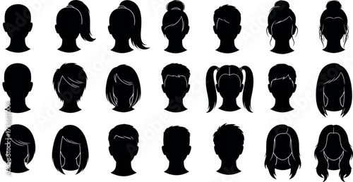 Silhouette hairstyle collection of diverse human head profiles featuring trendy haircuts, ponytails, buns, short and long hair styles