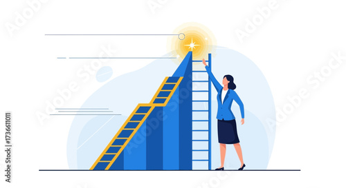 Businesswoman Ascending Toward Goal on a Stairway to Success Illustrated Design
