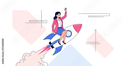 Businesswoman Ascends On Rocket Showing Achievement, Success, and Innovation with a modern approach