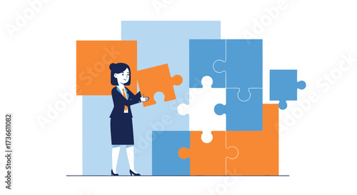 Businesswoman Assembling A Jigsaw Puzzle, Demonstrating Problem Solving and Teamwork