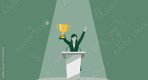 Businesswoman Celebrates A Victorious Moment After Delivering Speech And Holding Trophy High