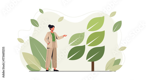 Businesswoman Presenting Environmental Concept with Leaves and Greenery in Illustration