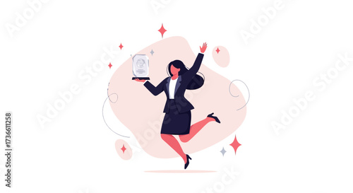 Businesswoman celebrates achievement holding a trophy illustrating success and accomplishment