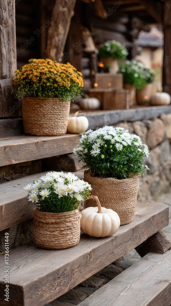 Fototapeta premium Vibrant fall flowers and pumpkins adorn the porch, creating a warm and inviting atmosphere as autumn arrives, showcasing seasonal beauty