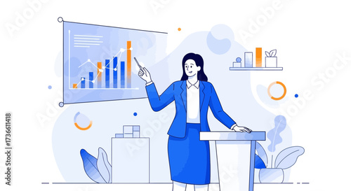 Businesswoman presenting financial data graphics on a screen during a conference or meeting