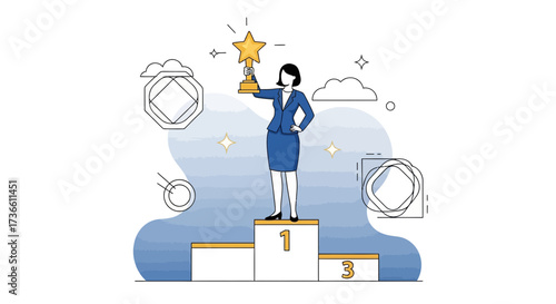 Businesswoman Celebrates Victory with Star Trophy on Podium Representing Success and Achievement