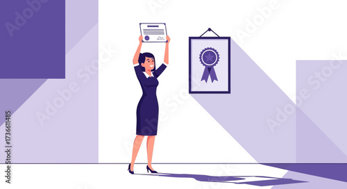 Businesswoman Celebrating Achievement as Shown By A Framed Award And A Certificate