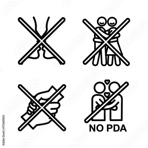 Four black and white icons with 'X' marks, symbolizing a ban on public displays of affection, showing no kissing, no embracing, and no holding hands, with one explicitly stating 'NO PDA'.