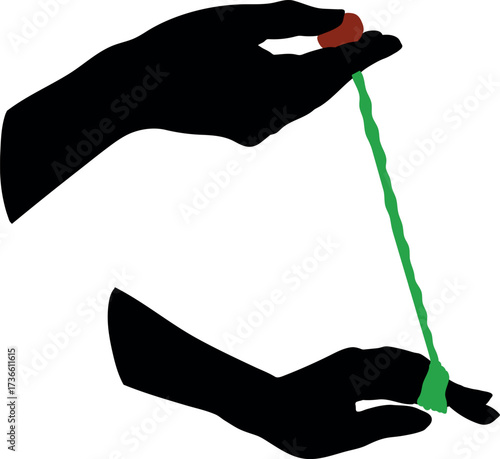 Black silhouette of hands and horse chestnut seed with string isolated on white background. Illustration to traditional game of conkers.	
