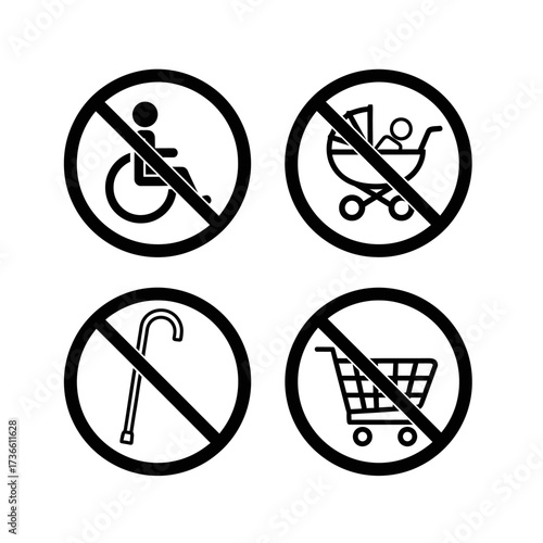 A set of four black and white prohibition signs indicating no wheelchairs, strollers, walking canes, or shopping carts.