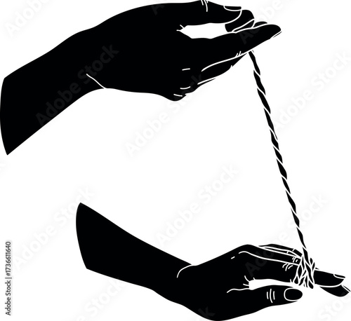 Black silhouette of hands and horse chestnut seed with string isolated on white background. Illustration to traditional game of conkers.	