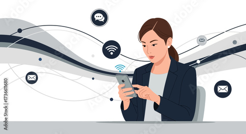 Businesswoman checking her smartphone while using WiFi connection for communication